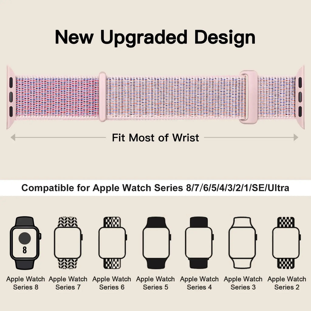 Nylon loop strap for Apple Watch, comfortable, adjustable, and compatible with multiple sizes and series.