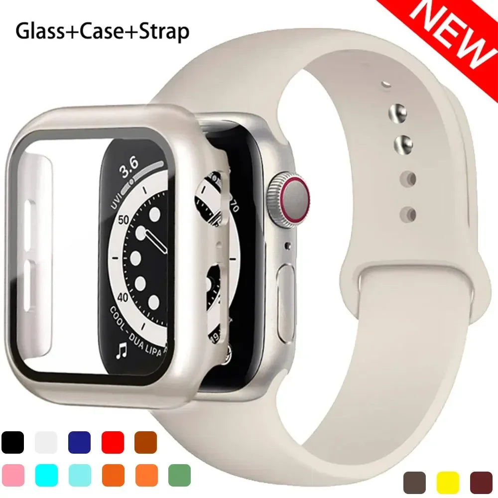 Glass + Case + Silicone Strap Set for Apple Watch 38mm–45mm