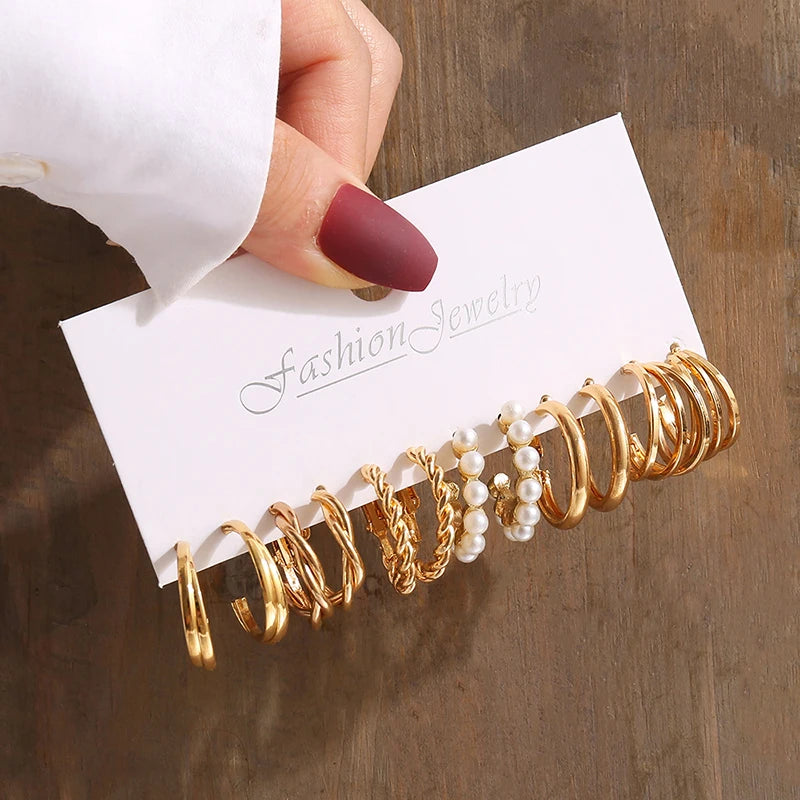 Gold Vintage Geometric Pearl Earrings Set