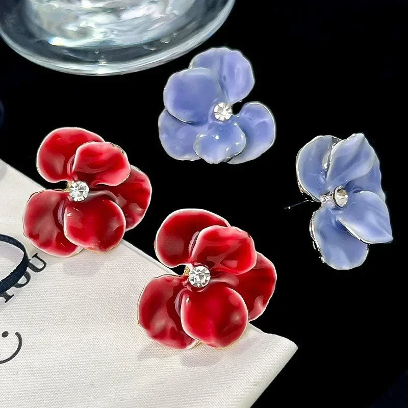 Red Blue Enamel Flower Stud Earrings