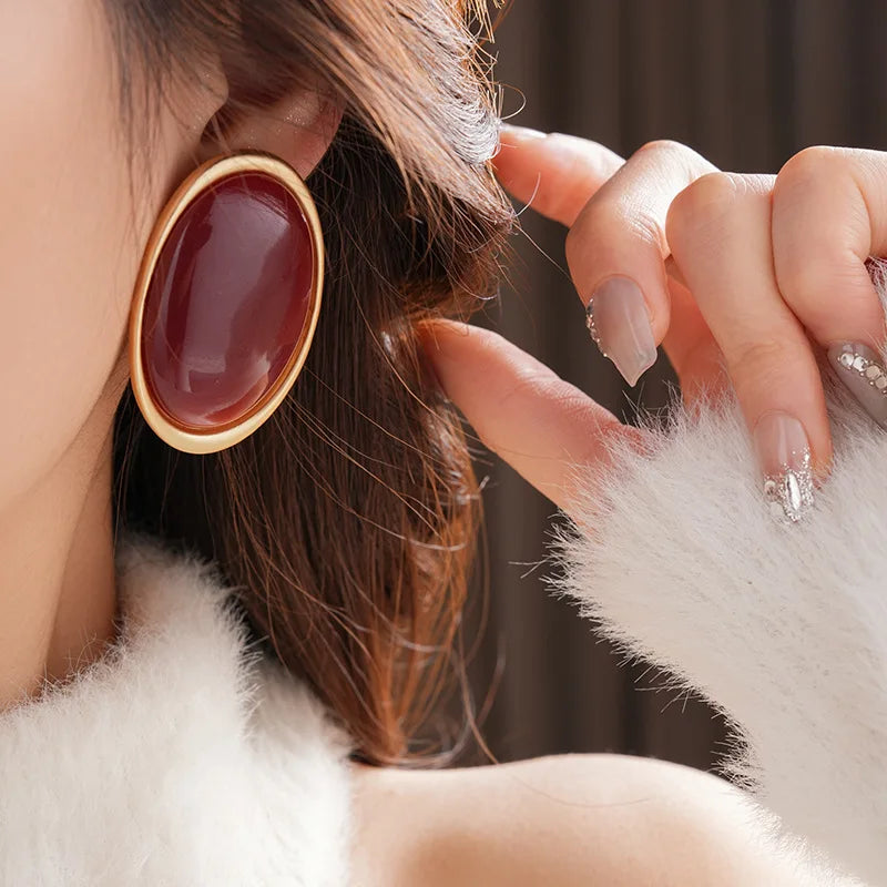 Vintage Red Resin Oval Stud Earrings