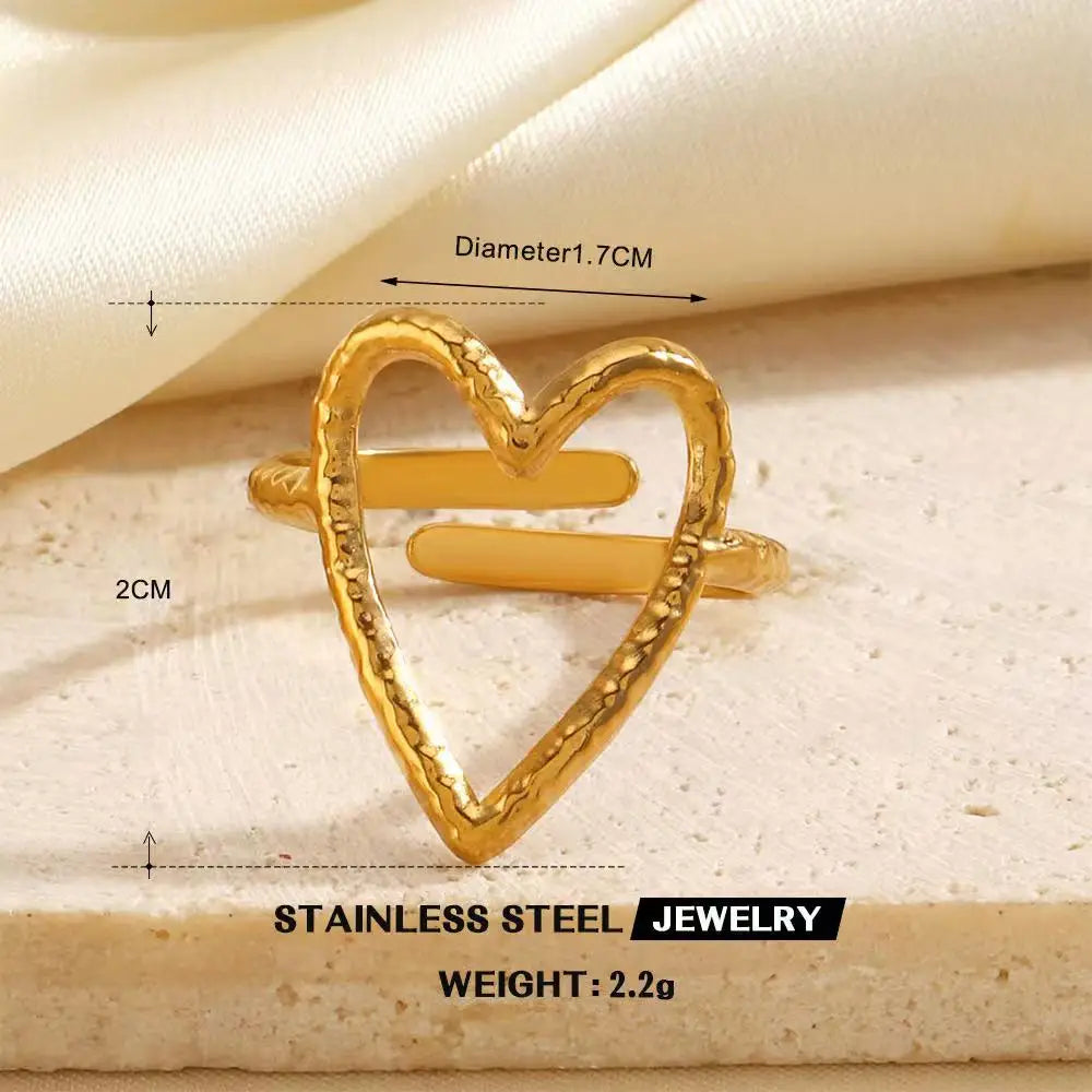 Gold Stainless Steel Heart Ring – Hollow Waterproof
