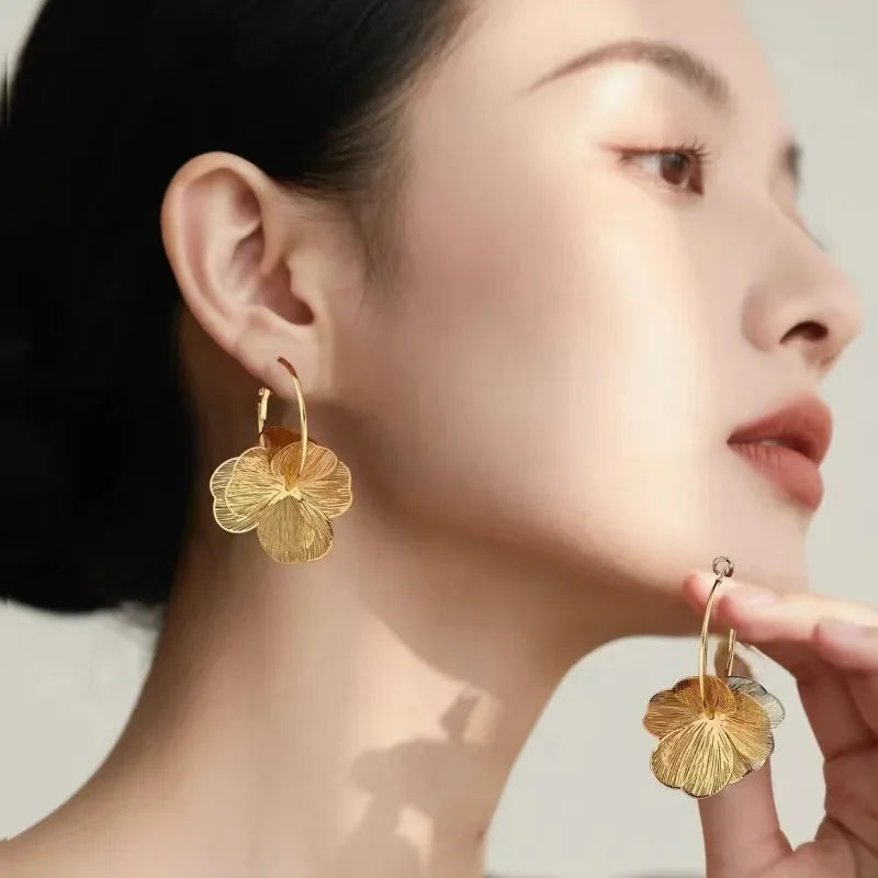 Golden Double-Layer Hollow Flower Hoop Earrings
