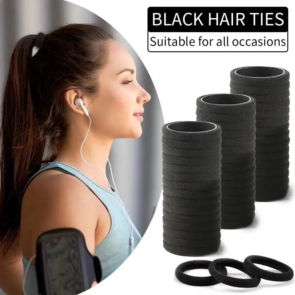 Set of 50/100 black elastic hair ties, durable and stretchable ponytail holders for everyday use.