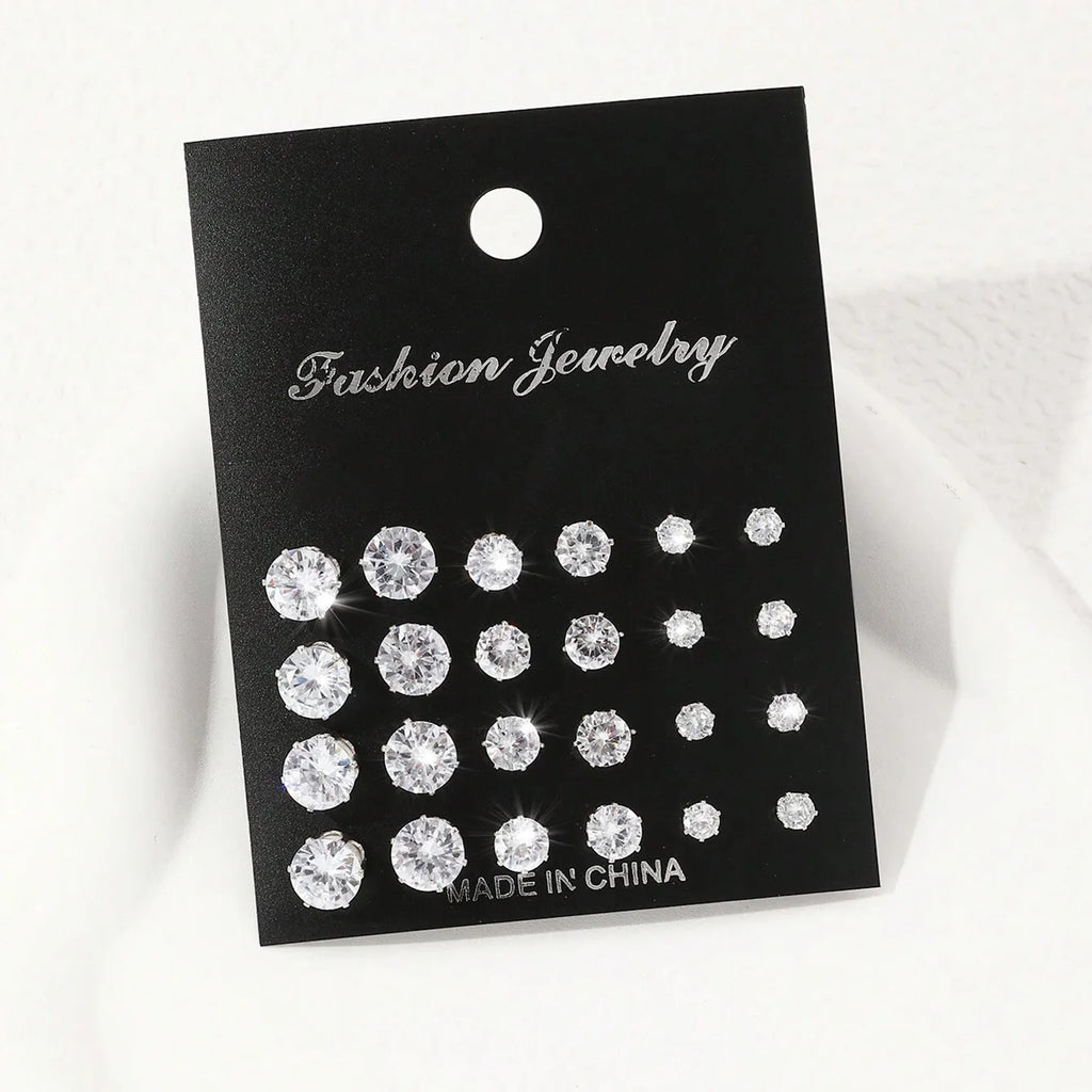12 Pairs Zircon Zirconia Stud Earrings Set