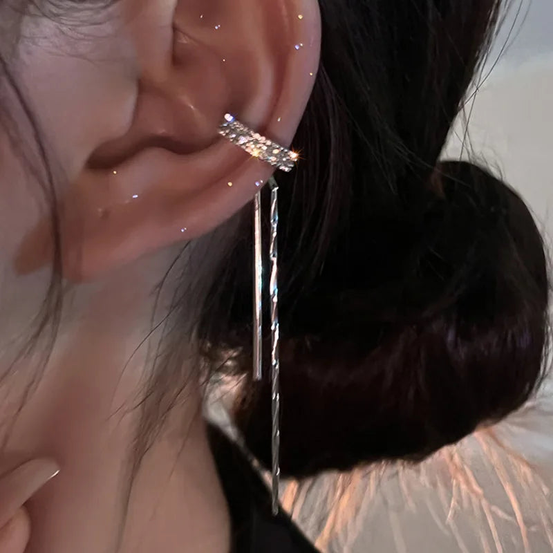 Silver Crystal Tassel Ear Cuff – Rhinestone Chain Non-Piercing Clip Earrings