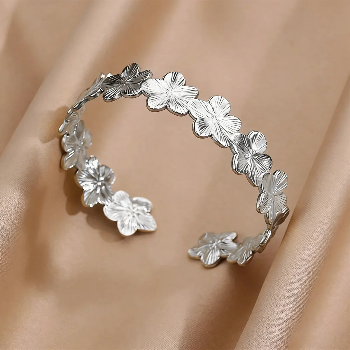 Luxury Gold Stainless Steel Wide Flower Cuff Bangle Bracelet