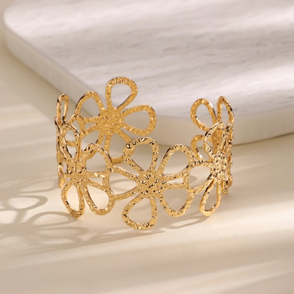 Luxury Gold Stainless Steel Wide Flower Cuff Bangle Bracelet
