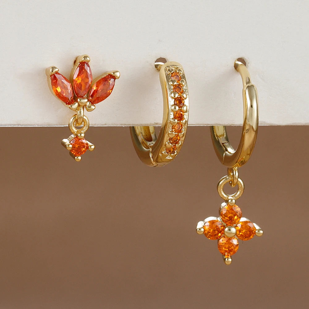 3PCS Zircon Flower Dangle Earrings Set – Stainless Steel
