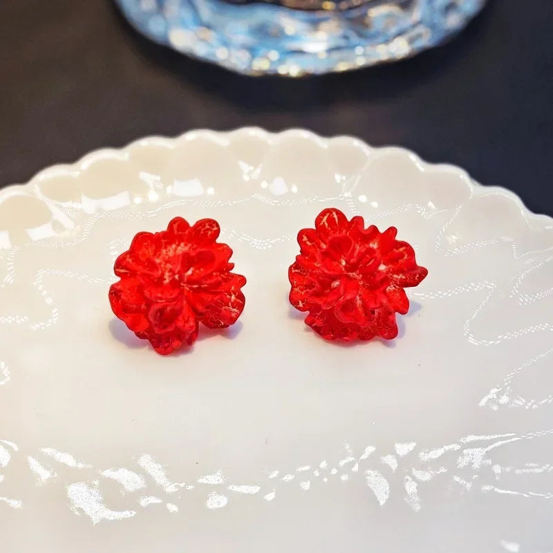 Red Blue Enamel Flower Stud Earrings