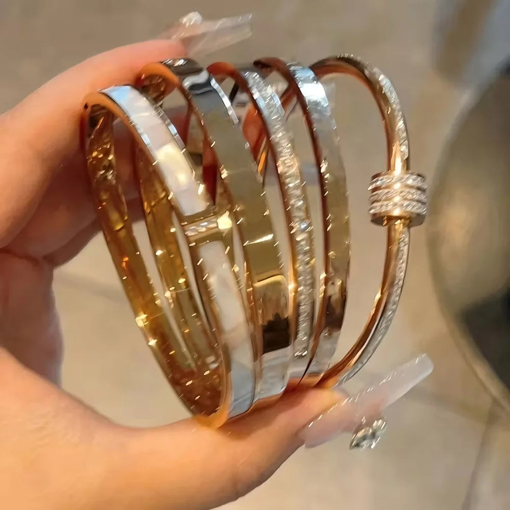 Sparkling Zirconia Stainless Steel Bracelet Set