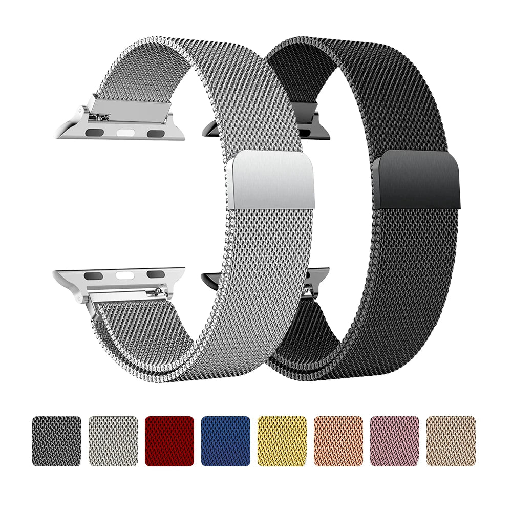Sleek adjustable Milanese strap for Apple Watch, stylish and compatible with multiple sizes and series.