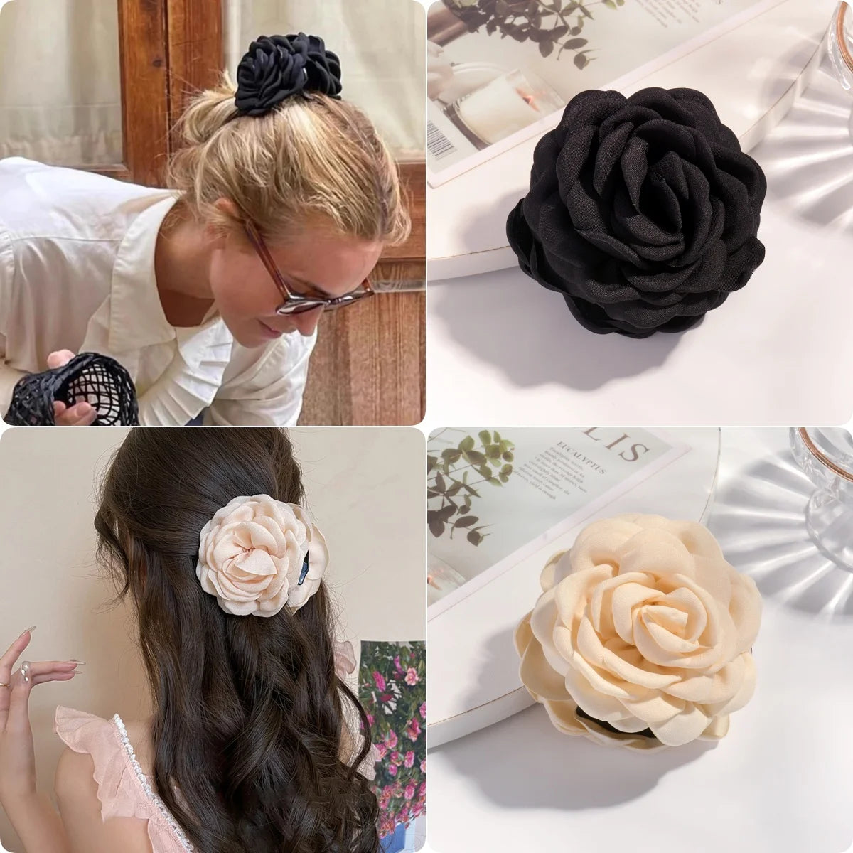 16 Colors Cotton Fabric Rose Flower Hair Claw Clips