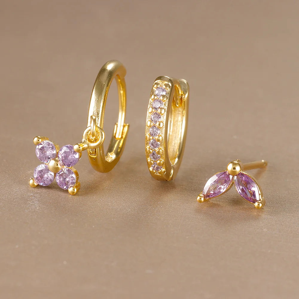 3PCS Stainless Steel Flower Drop Earrings Set
