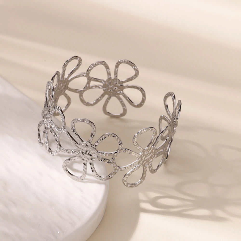 Luxury Gold Stainless Steel Wide Flower Cuff Bangle Bracelet