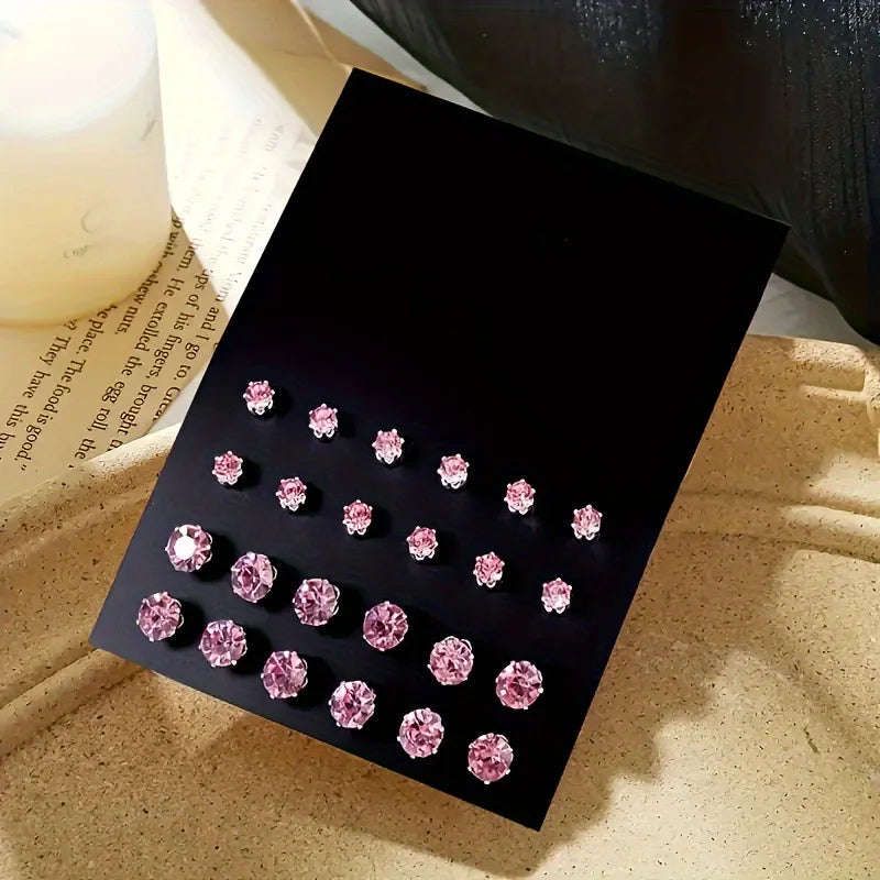 12 Pairs Zircon Zirconia Stud Earrings Set
