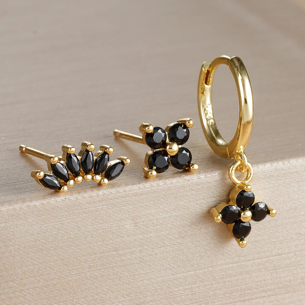 3PCS Zircon Flower Dangle Earrings Set – Stainless Steel