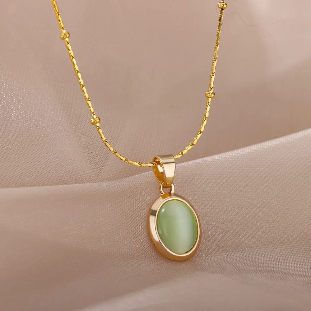Fashion Opal Oval Pendant Necklace – Stainless Steel
