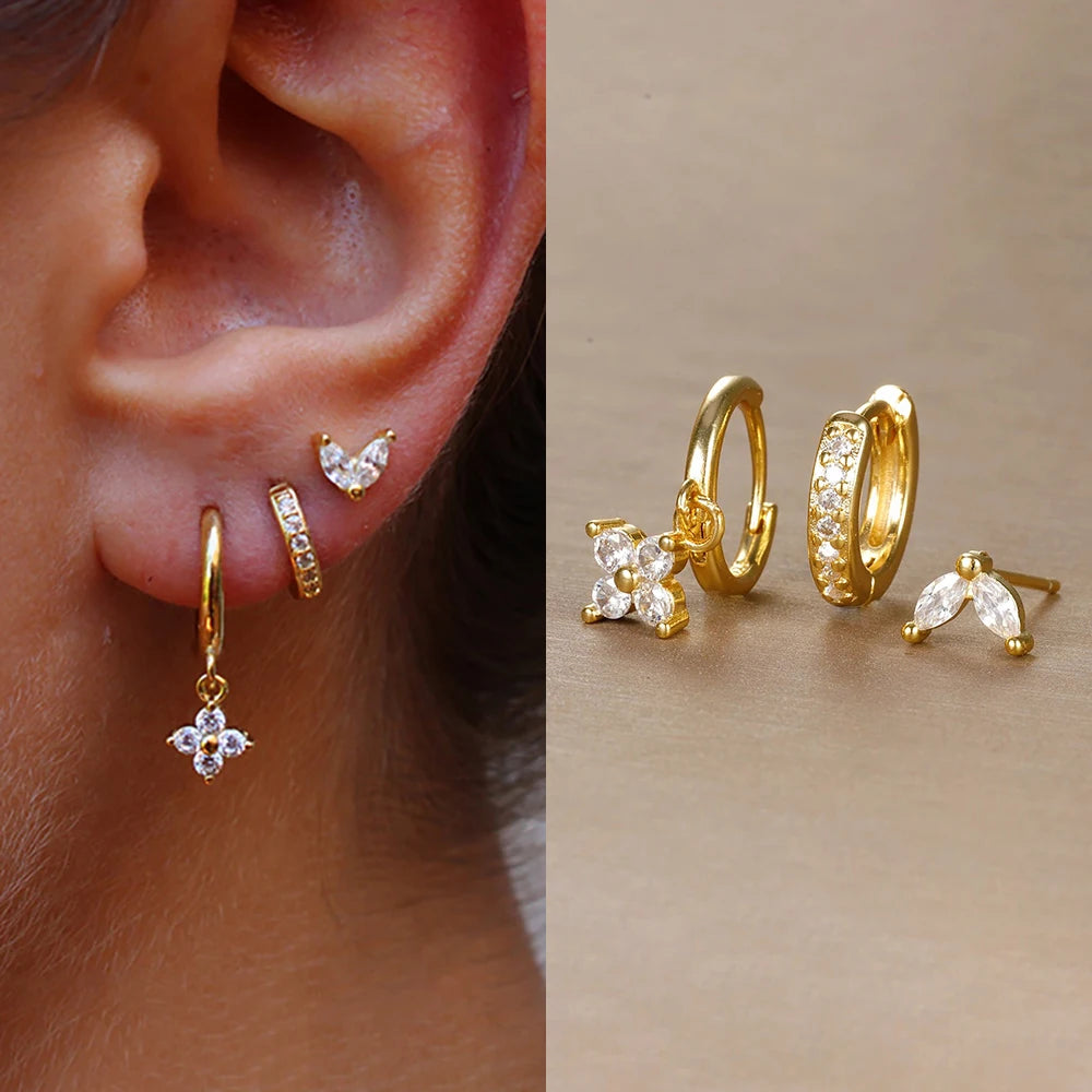 3PCS Stainless Steel Flower Drop Earrings Set
