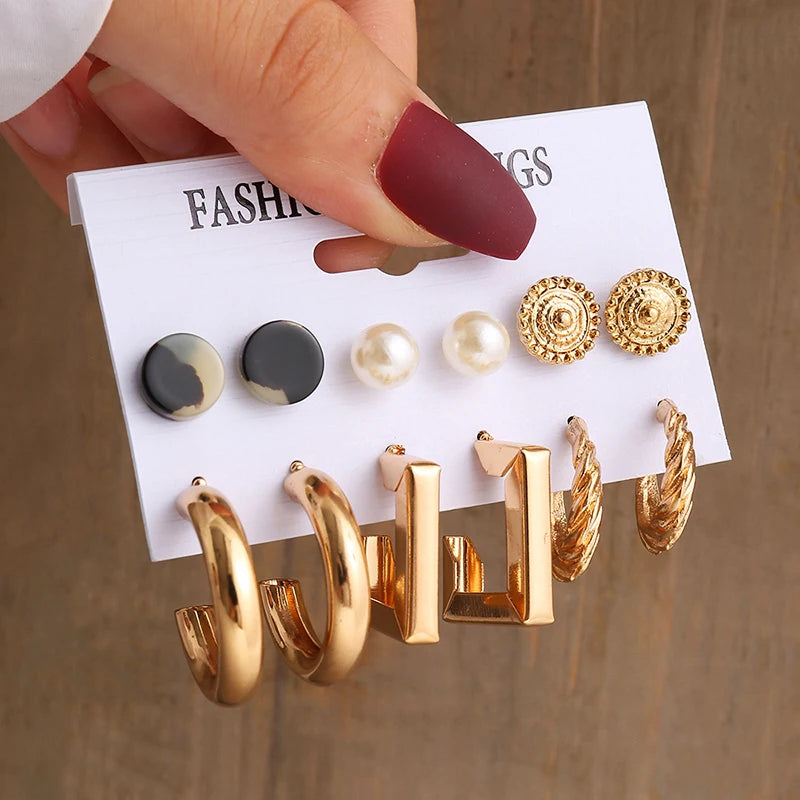 Gold Vintage Geometric Pearl Earrings Set
