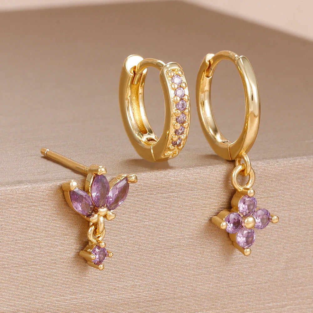 3PCS Zircon Flower Dangle Earrings Set – Stainless Steel