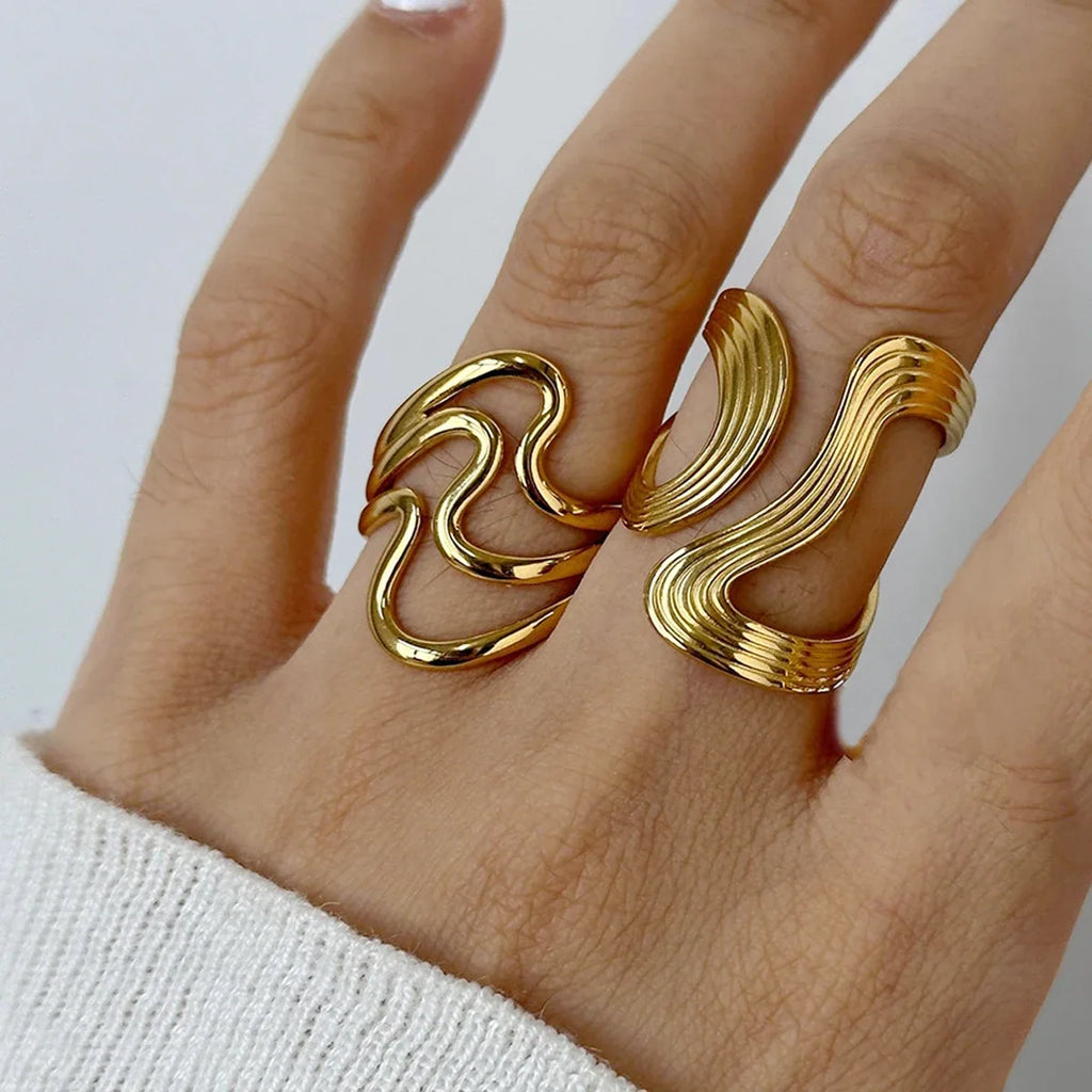 Stainless Steel Wave Open Ring – Gold