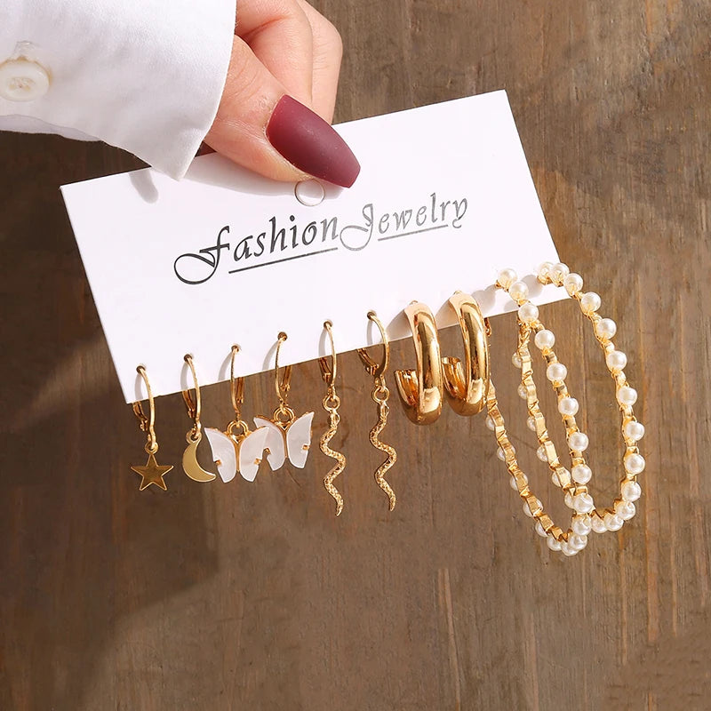 Gold Vintage Geometric Pearl Earrings Set