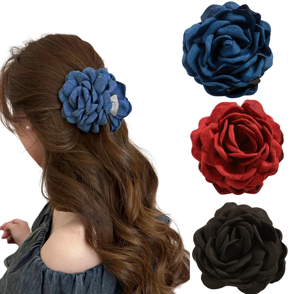 16 Colors Cotton Fabric Rose Flower Hair Claw Clips
