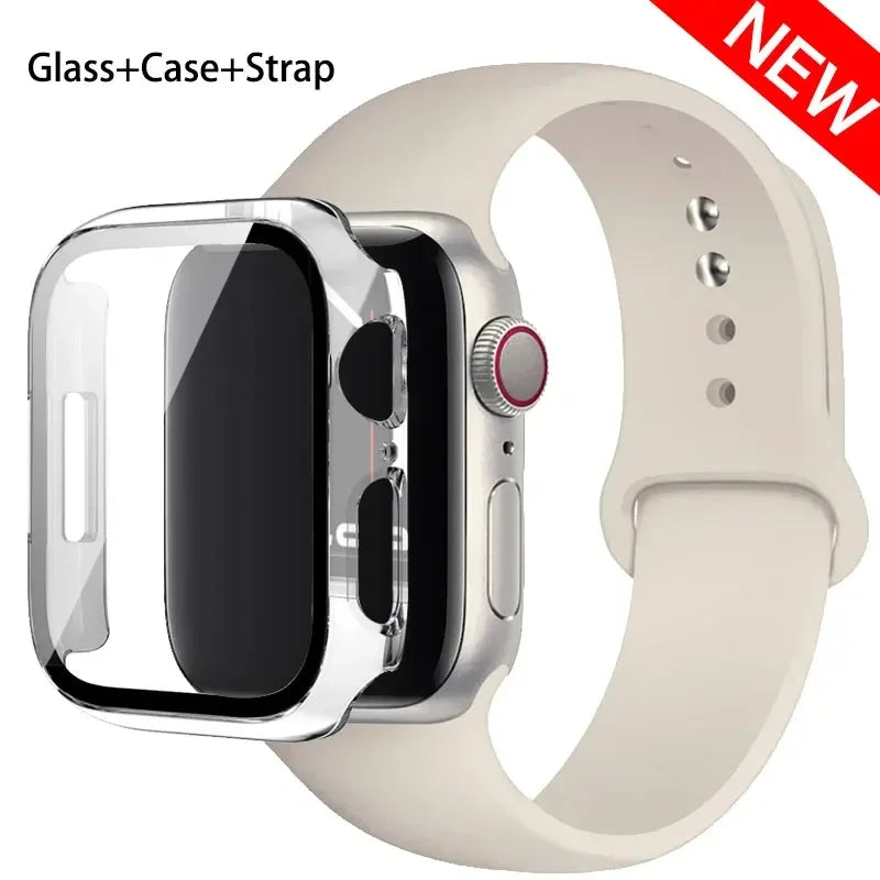 Glass + Case + Silicone Strap Set for Apple Watch 38mm–45mm