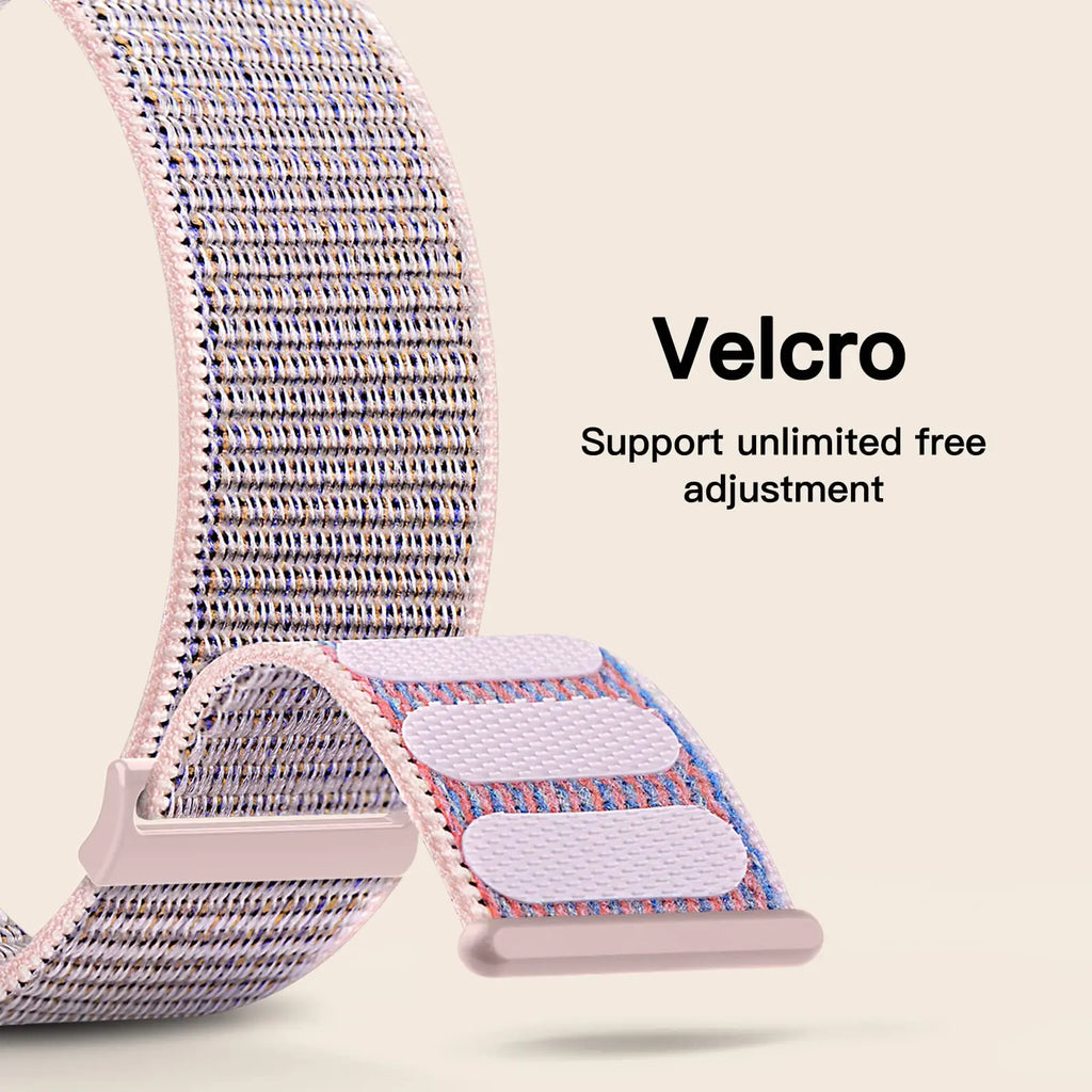 Nylon loop strap for Apple Watch, comfortable, adjustable, and compatible with multiple sizes and series.
