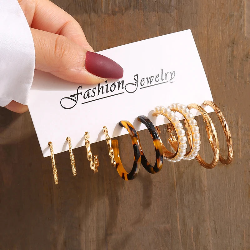 Gold Vintage Geometric Pearl Earrings Set