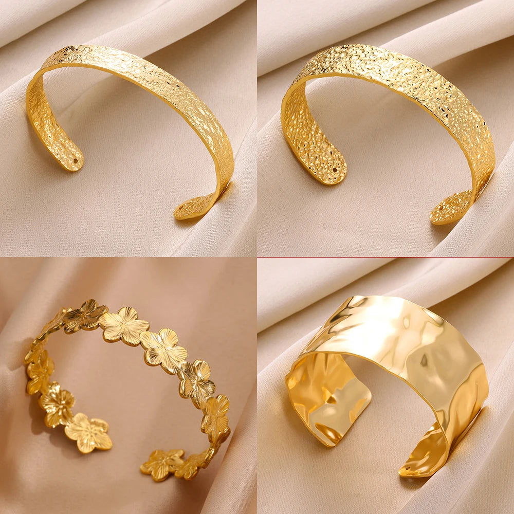 Luxury Gold Stainless Steel Wide Flower Cuff Bangle Bracelet