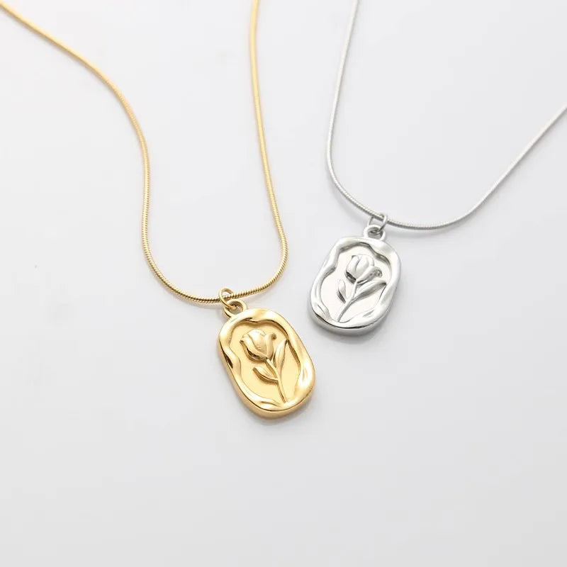 Retro Embossed Tulip Pendant Necklace – Stainless Steel
