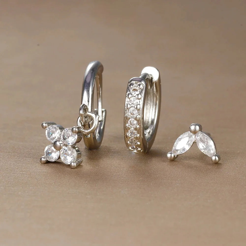 3PCS Stainless Steel Flower Drop Earrings Set