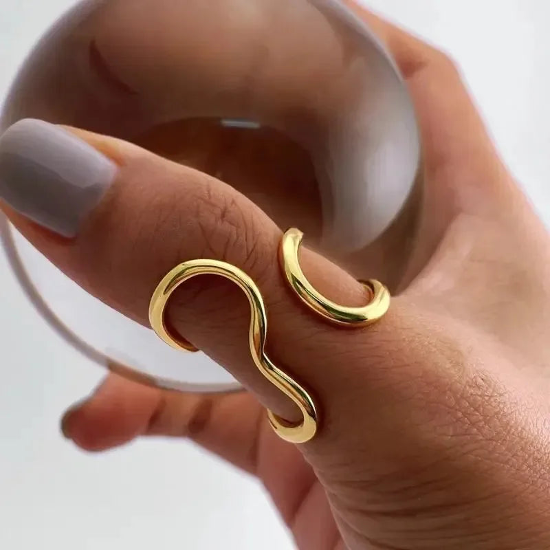 Stainless Steel Wave Open Ring – Gold