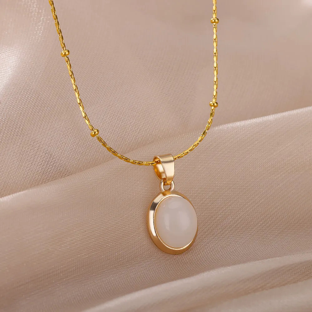 Fashion Opal Oval Pendant Necklace – Stainless Steel