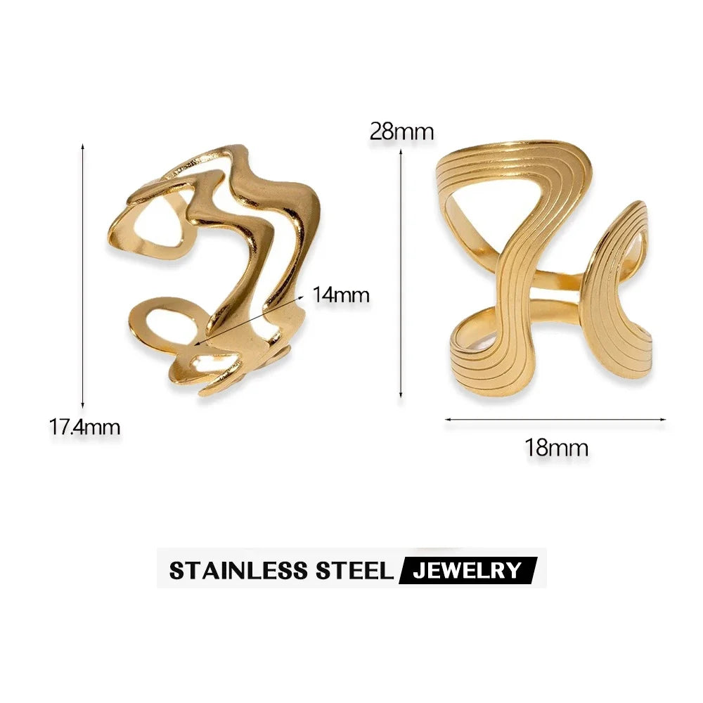 Stainless Steel Wave Open Ring – Gold