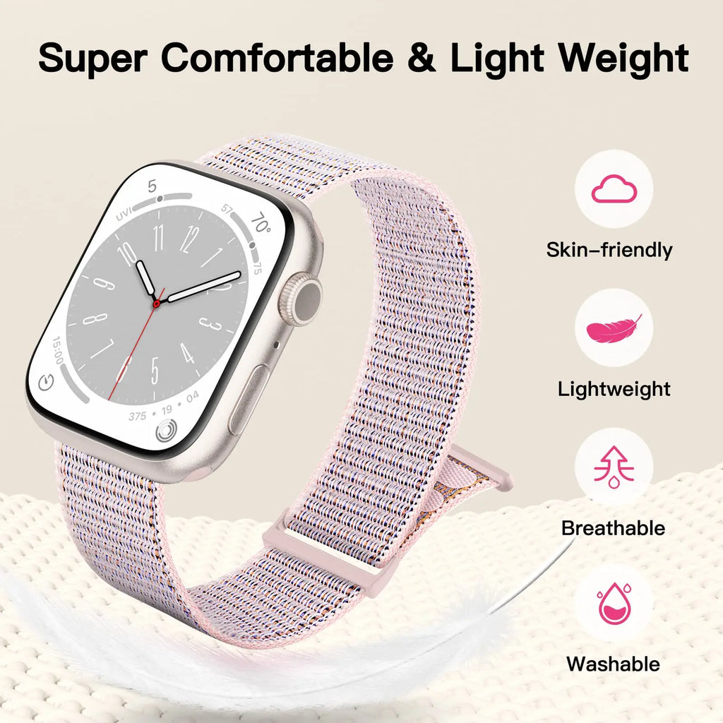 Nylon loop strap for Apple Watch, comfortable, adjustable, and compatible with multiple sizes and series.