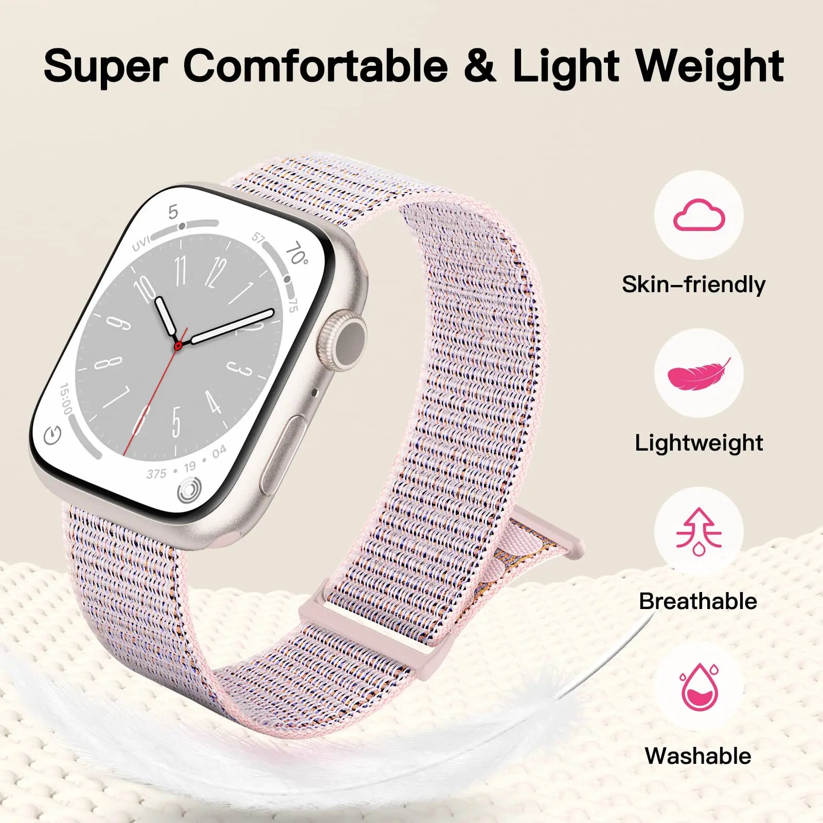 Nylon loop strap for Apple Watch, comfortable, adjustable, and compatible with multiple sizes and series.
