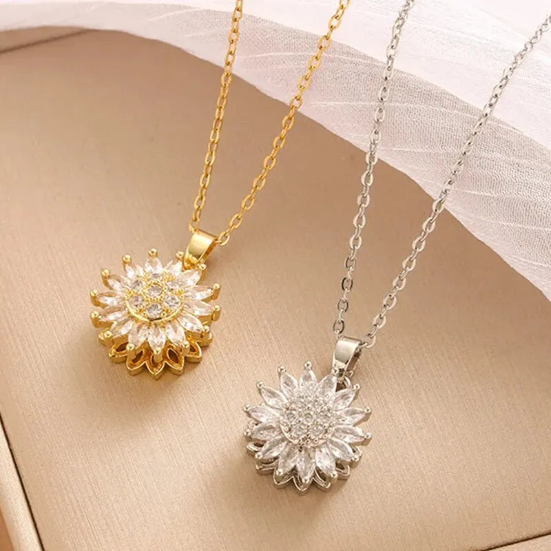 Trendy Spin Sunflower Necklace – Stainless Steel Zircon
