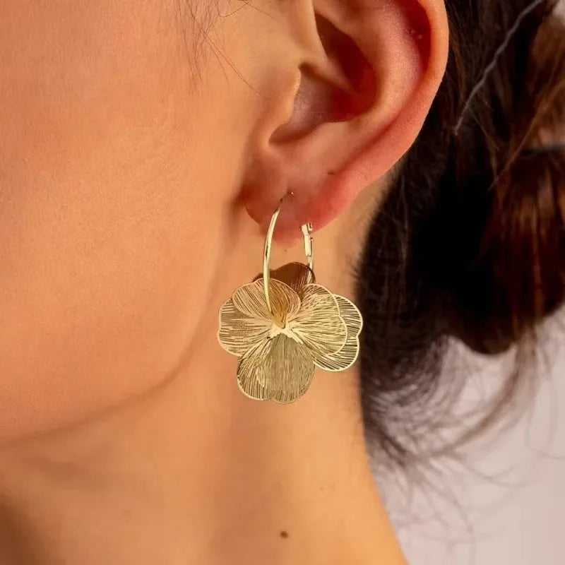 Golden Double-Layer Hollow Flower Hoop Earrings