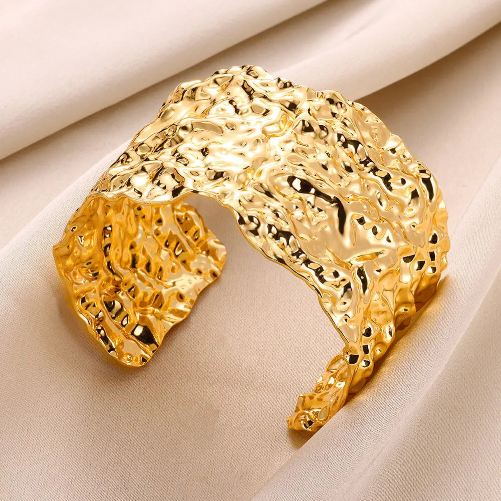 Luxury Gold Stainless Steel Wide Flower Cuff Bangle Bracelet