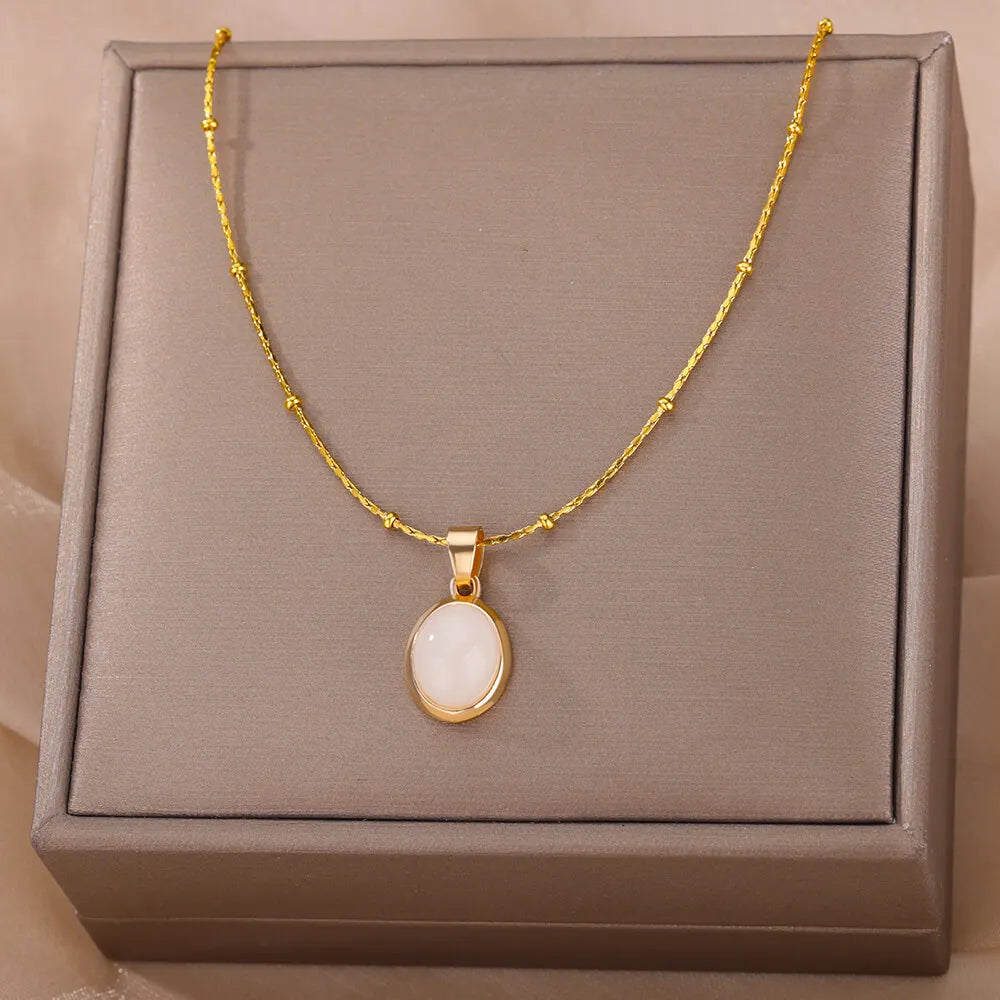 Fashion Opal Oval Pendant Necklace – Stainless Steel