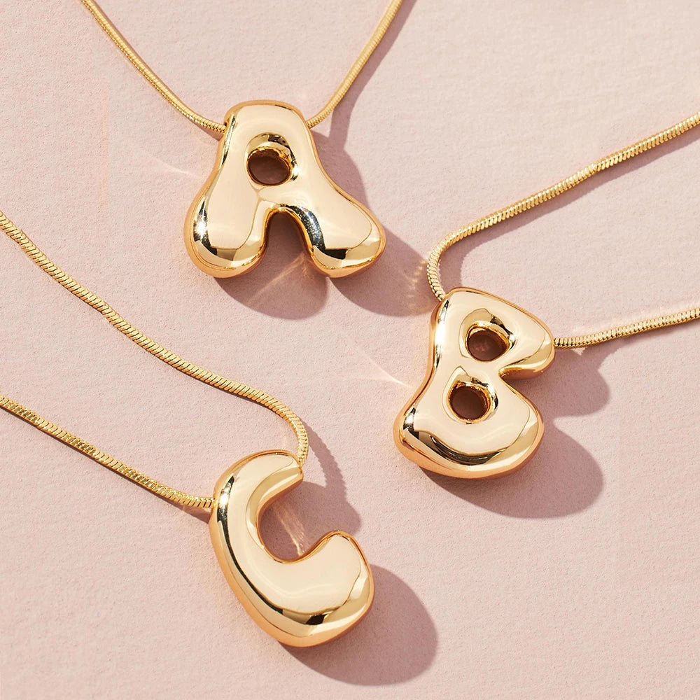 Golden Stainless Steel Initial Bubble Letter Necklace