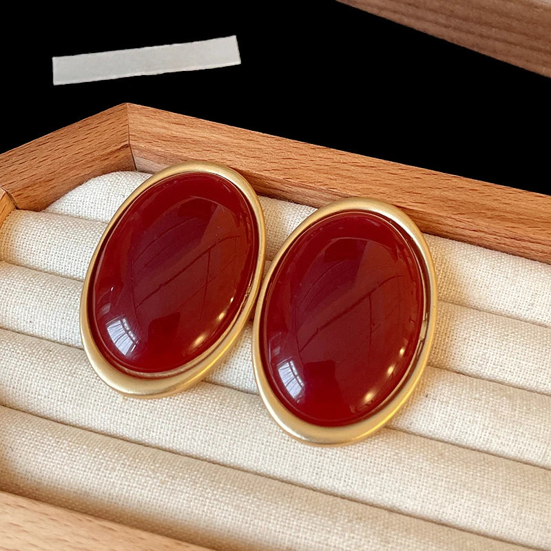 Vintage Red Resin Oval Stud Earrings