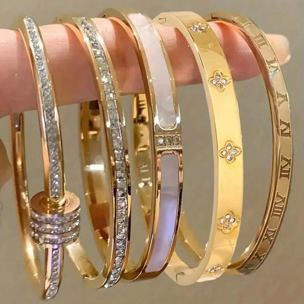 Sparkling Zirconia Stainless Steel Bracelet Set