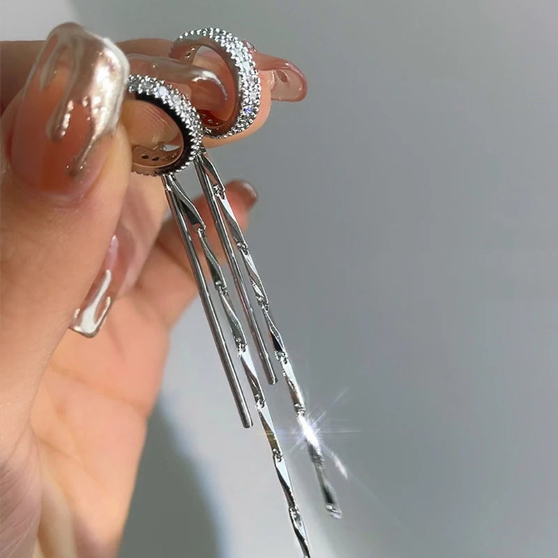 Silver Crystal Tassel Ear Cuff – Rhinestone Chain Non-Piercing Clip Earrings