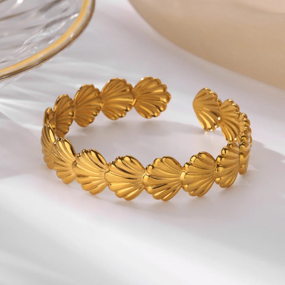 Luxury Gold Stainless Steel Wide Flower Cuff Bangle Bracelet