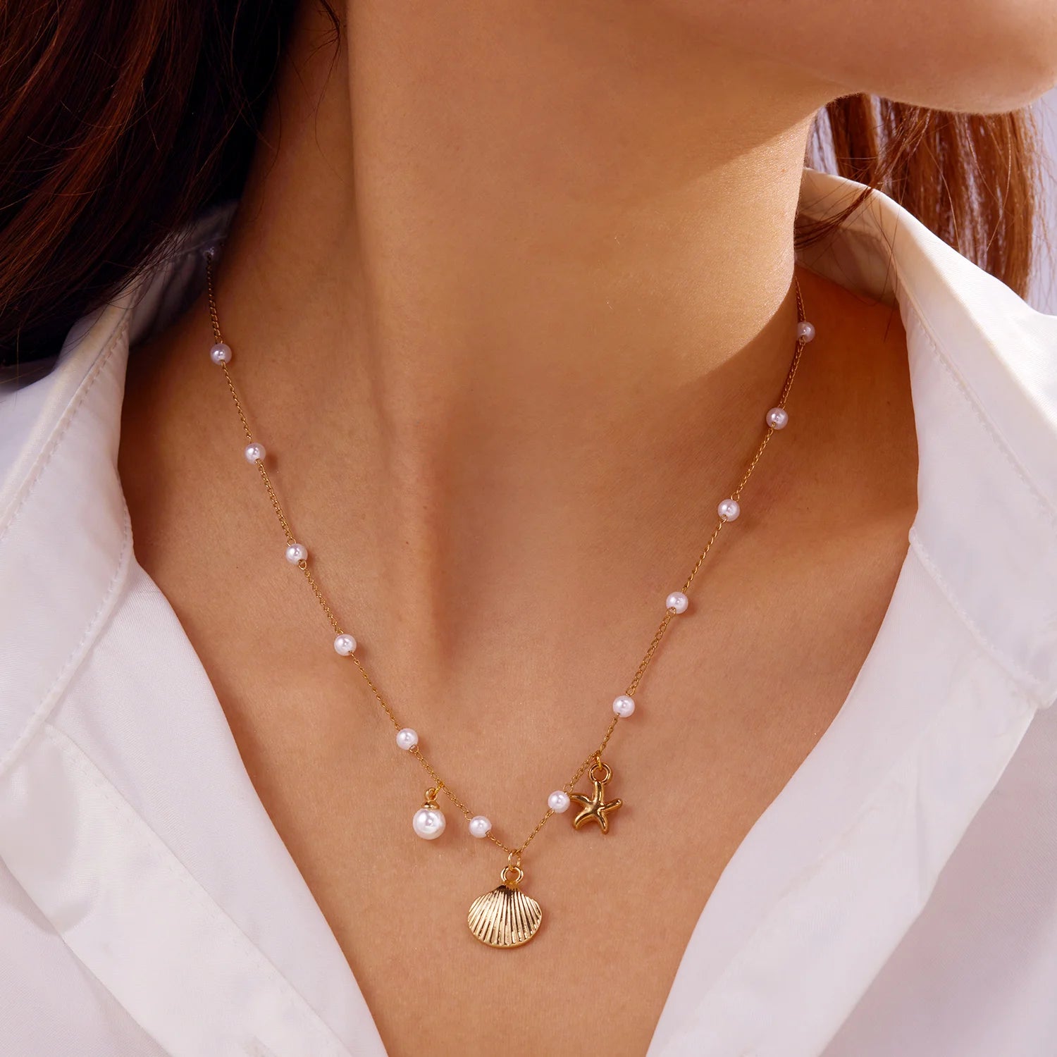 Bohemian Starfish Shell Pearl Choker Necklace