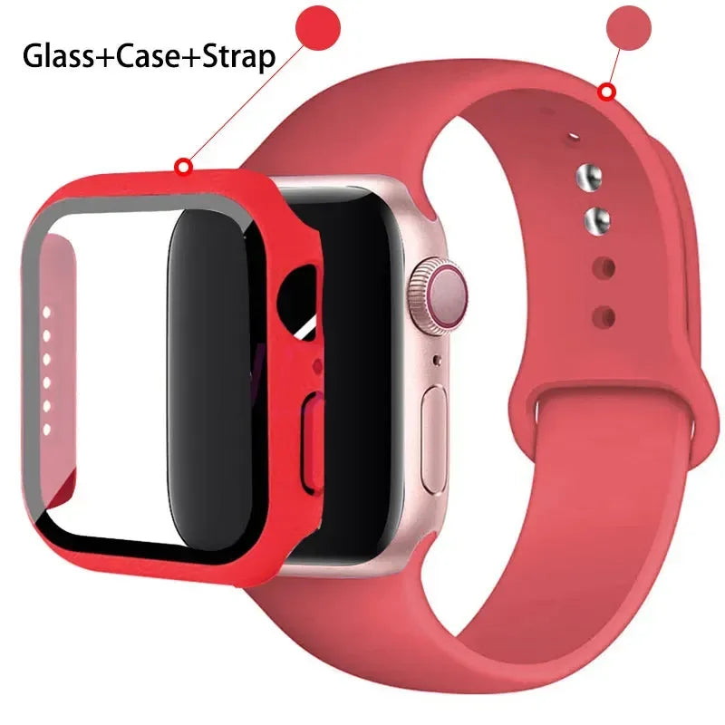 Glass + Case + Silicone Strap Set for Apple Watch 38mm–45mm
